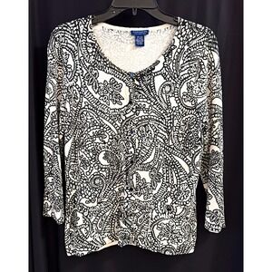 Doncaster Collection S Black/Ivory Paisley Knit Button Cardigan Sweater